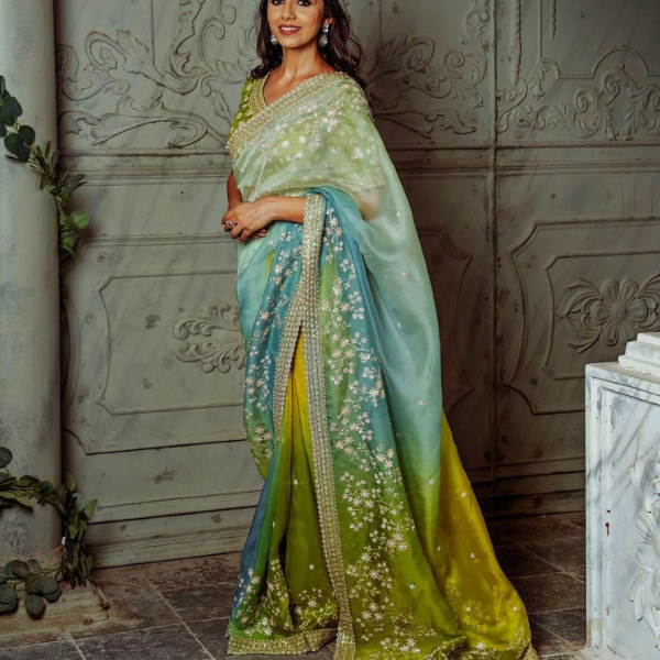 Organza Silk Saree Digital Print, Sequins Embroidery, C-Pallu, Zari Blouse