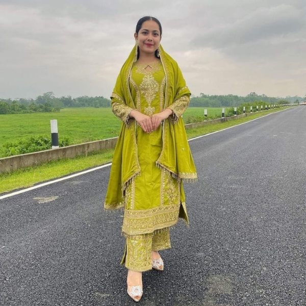 Pure Chinon Silk Top Plazzo & Dupatta Set