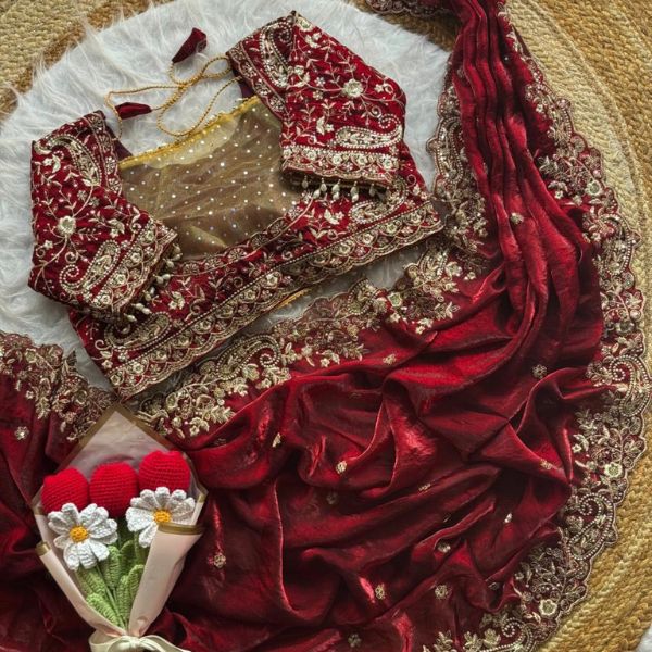 Luxury Soft Fandy Satin Embroidered Saree (4)