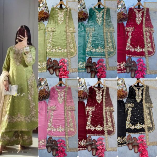 Premium Designer Party Wear Chinon Silk Top Plazzo & Dupatta Set